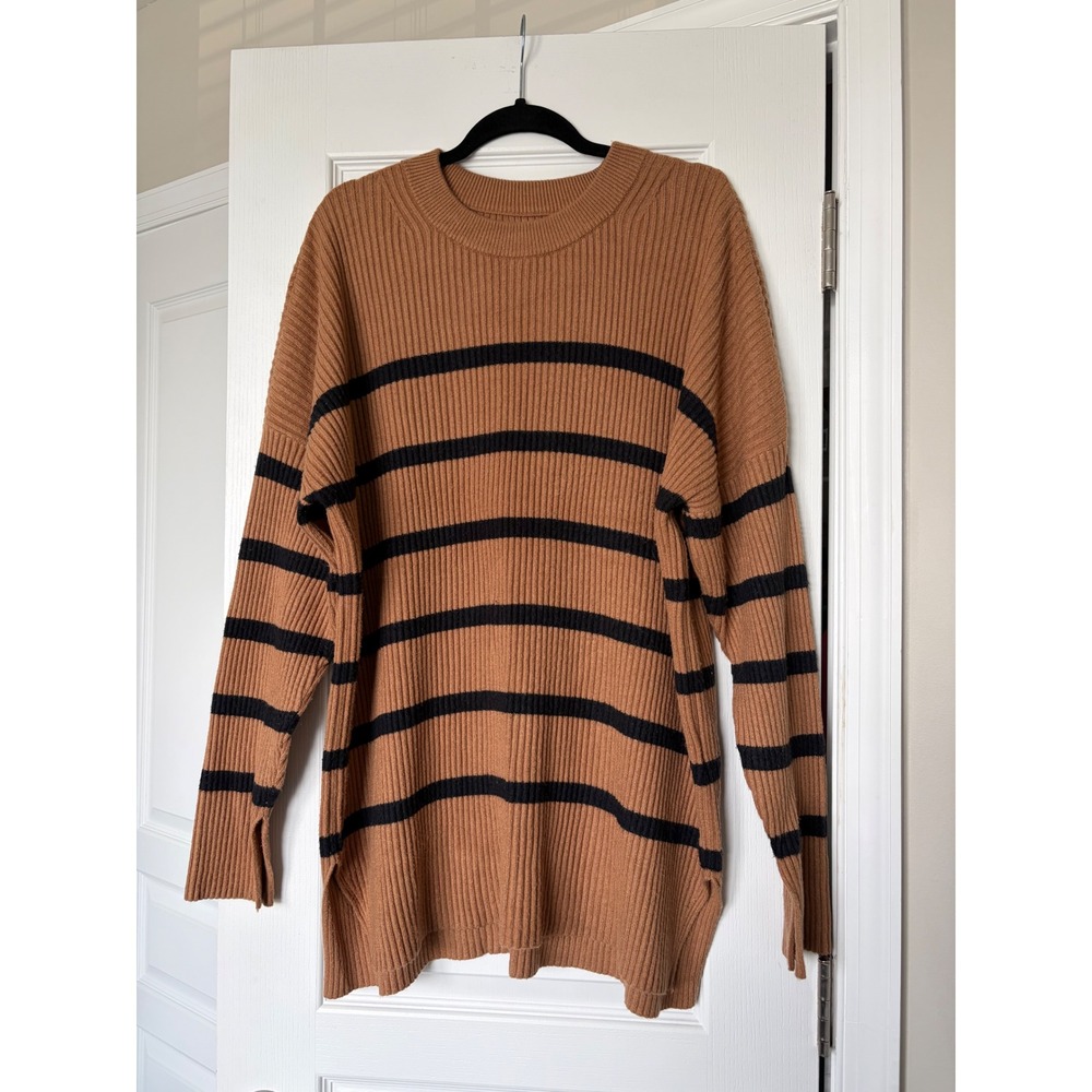 Abercrombie & Fitch Soft A&F Collection Striped Ribbed Sweater Camel Black Large